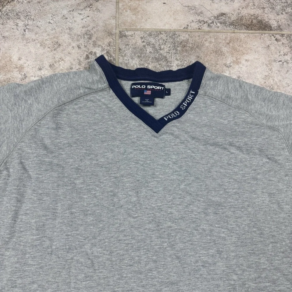 Vintage Polo Sport Ralph‎ Lauren Gray V Neck T-Shirt Mens Large Short Sleeve